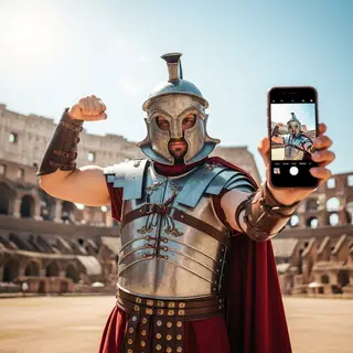 A Roman gladiator taking a selfie with a smartphone in the C