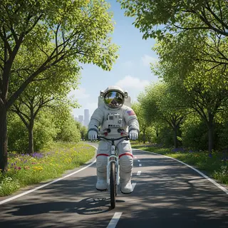 An astronaut in a spacesuit riding a bicycle through a park