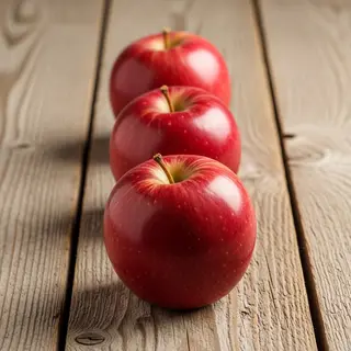 Exactly 3 red apples arranged on a wooden table