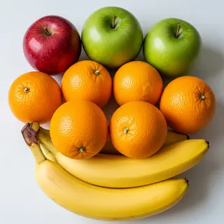 A fruit bowl containing exactly 3 bananas, 4 oranges, and 2 