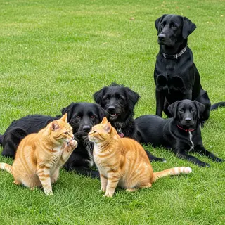 2 orange cats and 3 black dogs sitting together on a grassy 