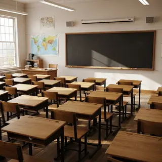 A classroom with desks and a chalkboard but no students