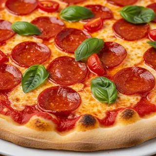 A pepperoni pizza with tomato sauce, basil, and crust but ab