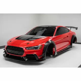 A car body with windows, doors, and headlights but no wheels