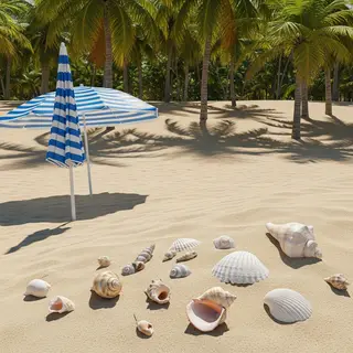 A sandy beach with palm trees, seashells, and a beach umbrel