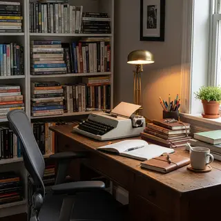 An office workspace with a desk, chair, bookshelf, and lamp 