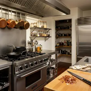 A kitchen with pots, pans, a stove, and a cutting board but 