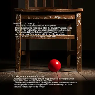 A red ball underneath a wooden chair