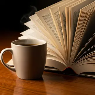 A coffee mug next to an open book on a desk