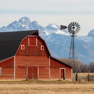 A landscape with a red barn in the foreground at large scale