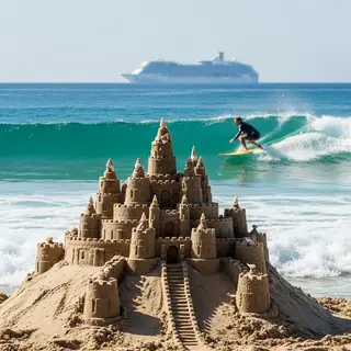 A beach scene with a sandcastle in the foreground, a surfer 