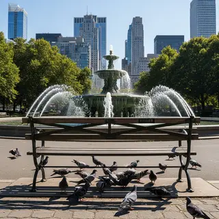 A city park with a park bench and pigeons in the foreground,
