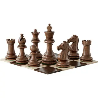 Five chess pieces on a board: a king in the center, a queen 