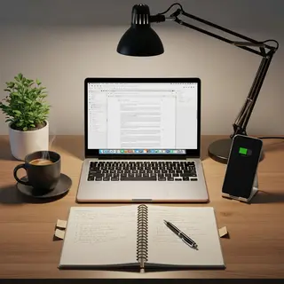 A desk scene: laptop in the center, coffee mug to the left, 