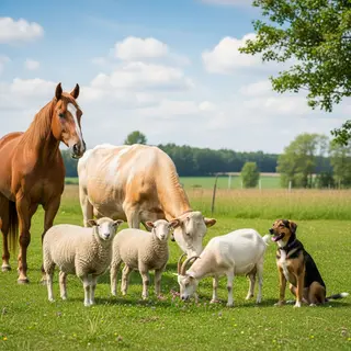 Five animals in a field: a horse on the far left, a cow to t