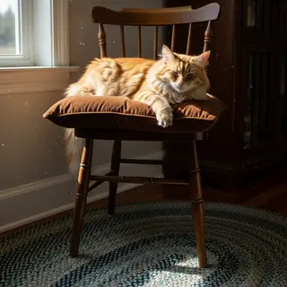 A cat sitting on a pillow, the pillow placed on a wooden cha