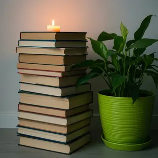 A candle on top of a stack of books, the books next to a pot