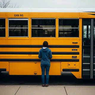 A person standing next to a yellow school bus, showing reali