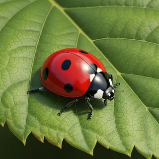 A ladybug sitting on a large green leaf, shown at realistic 