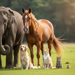 A group photo of an elephant, a horse, a dog, a cat, and a m