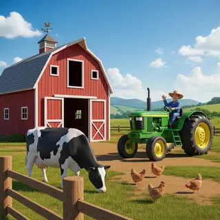 A farm scene with a barn, tractor, farmer, cow, chicken, and