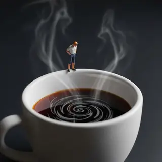 A tiny person standing on the rim of a coffee cup, looking d