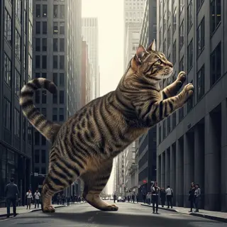 A giant tabby cat walking between city skyscrapers like a ka