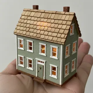 A miniature house sitting on the palm of someone's hand