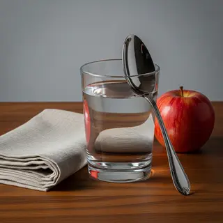 A still life on a wooden table featuring a clear glass of wa