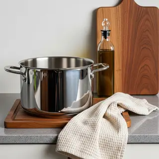A kitchen counter with a stainless steel pot, a wooden cutti