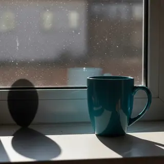 A coffee mug on a sunny windowsill casting a sharp shadow to