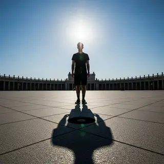 A person standing outdoors at midday with a short shadow dir