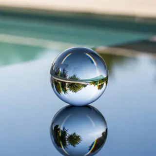 A clear glass sphere sitting on a mirror surface near a pool
