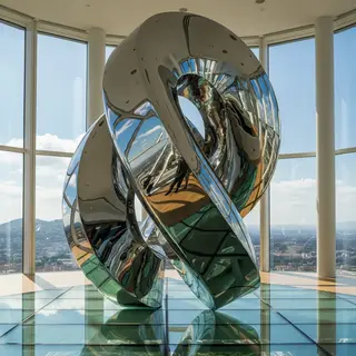 A chrome sculpture in a room with a glass floor and large wi