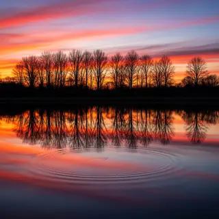 A row of trees reflected in a calm lake at sunset, with the 