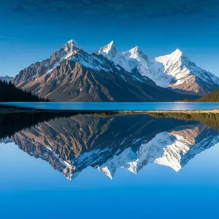 A mountain range reflected in a still alpine lake, with the 
