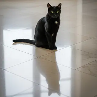 A cat sitting on a polished marble floor with its reflection