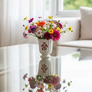 A vase of flowers on a glass table with a clear reflection v