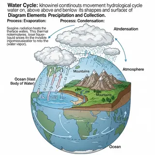 A detailed diagram of the water cycle showing evaporation fr