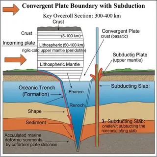 A cross-section showing tectonic plates at a convergent boun