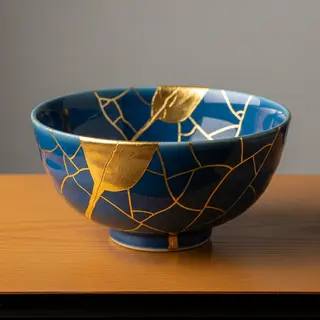 A Japanese kintsugi bowl — cracked ceramic repaired with vis