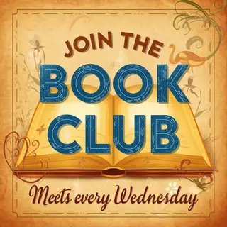 A book club poster with an open book illustration, the title