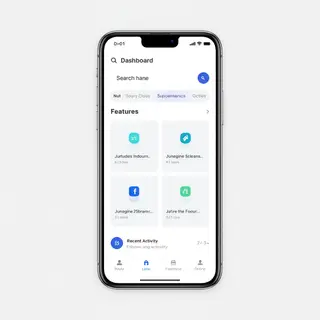 A mobile app UI mockup showing a dashboard with a top naviga