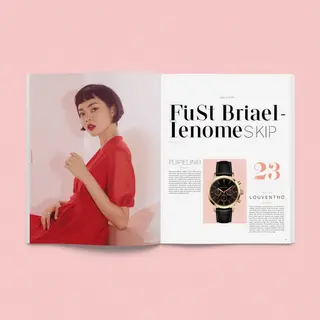 A fashion magazine spread with a full-bleed left-page photo,