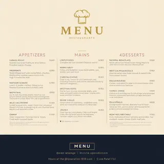 A restaurant menu layout with a logo header, three category 