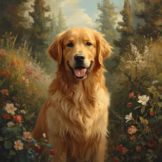A golden retriever sitting in a garden, painted in the style