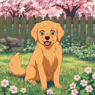 A golden retriever sitting in a garden, rendered in Japanese