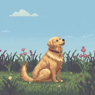 A golden retriever sitting in a garden, rendered in pixel ar