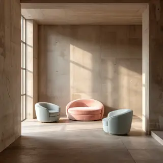 An interior scene rendered in soft brutalism — raw concrete 