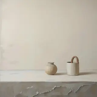 A still life painted in anxious minimalism — sparse composit